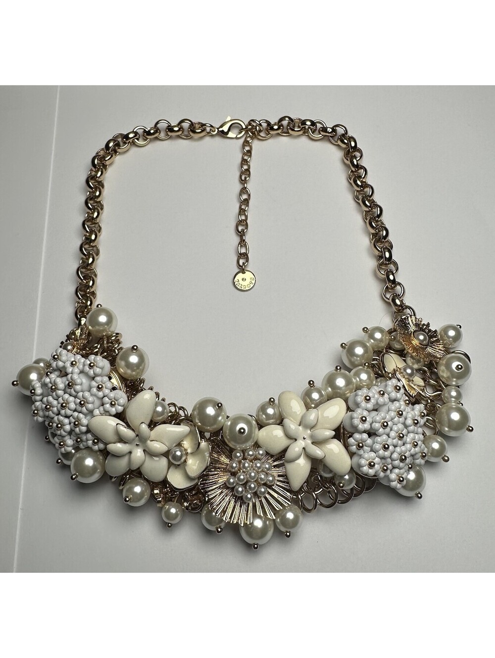 Talbots Chunky Floral Faux Pearl Cluster Bib Necklace Gold Tone White & Cream